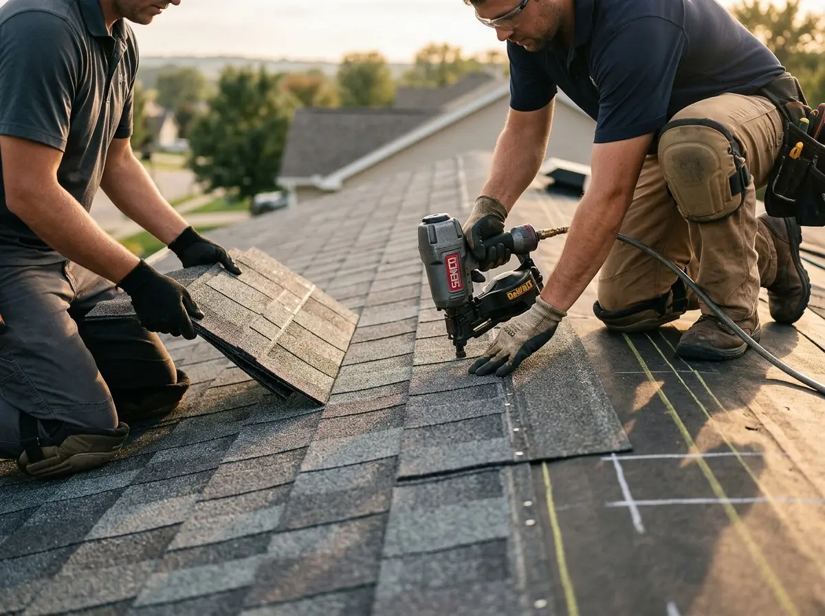 Professional roofer working on a residential roof in North Kensington